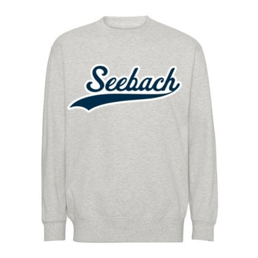 "Ash"(/grå) sweatshirt med "Seebach" skrift i navy med hvid outline.