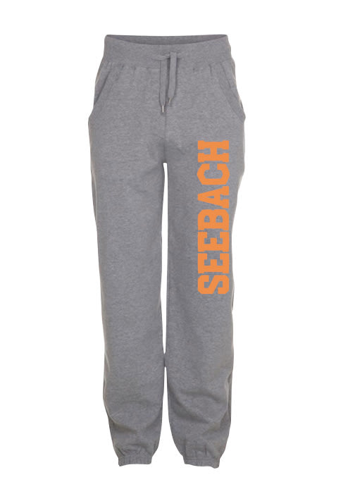 Sweatpants, Oxford grey, med "Seebach" i orange skrift på venstre ben.